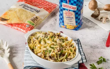 Gratin de macaroni aux champignons et lardons