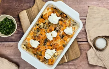 Gratin de patate douce, jambon, champignon et Fromage Fouetté 