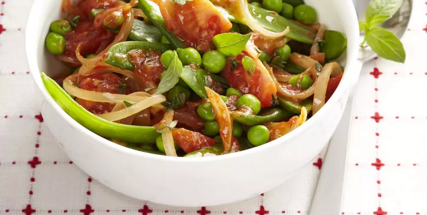 Mixed Fried Peas, Flat Beans and Tomatoes with Herbs