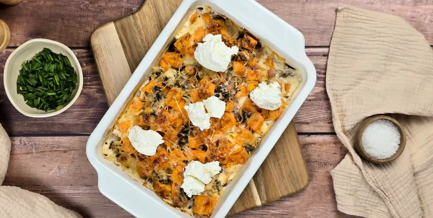 Gratin de patate douce, jambon, champignon et Fromage Fouetté 